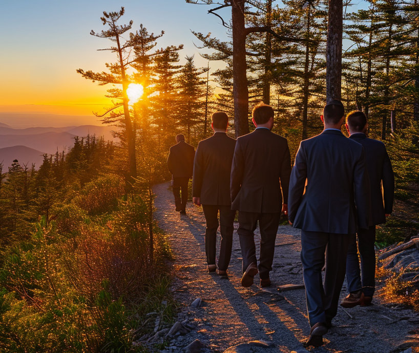 A group of men walking in the mountains in suits
